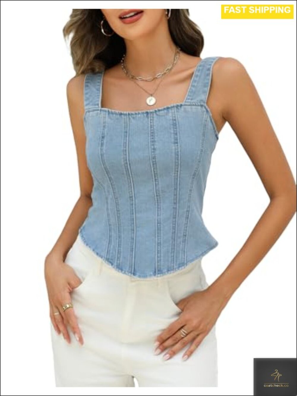 Denim Corset Top Square Neck Sleeveless Back Tie Cropped Slim Fit Jean Tank